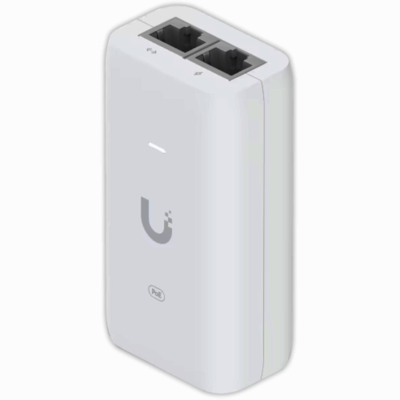 Representative Ubiquiti PoE+ power adapter with two Ethernet sockets