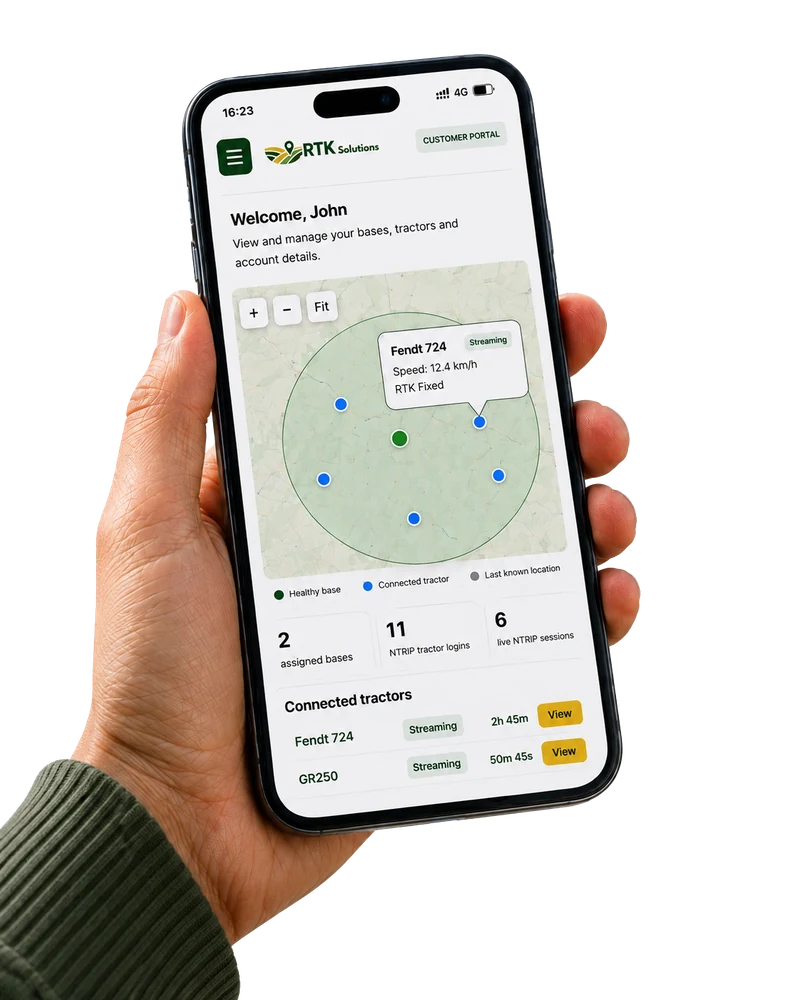 Illustrative RTK Solutions customer portal on a phone, showing base and tractor connections