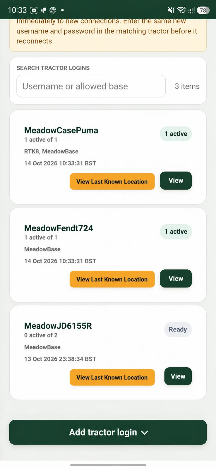 Customer portal example showing tractor logins, assigned bases and connection status